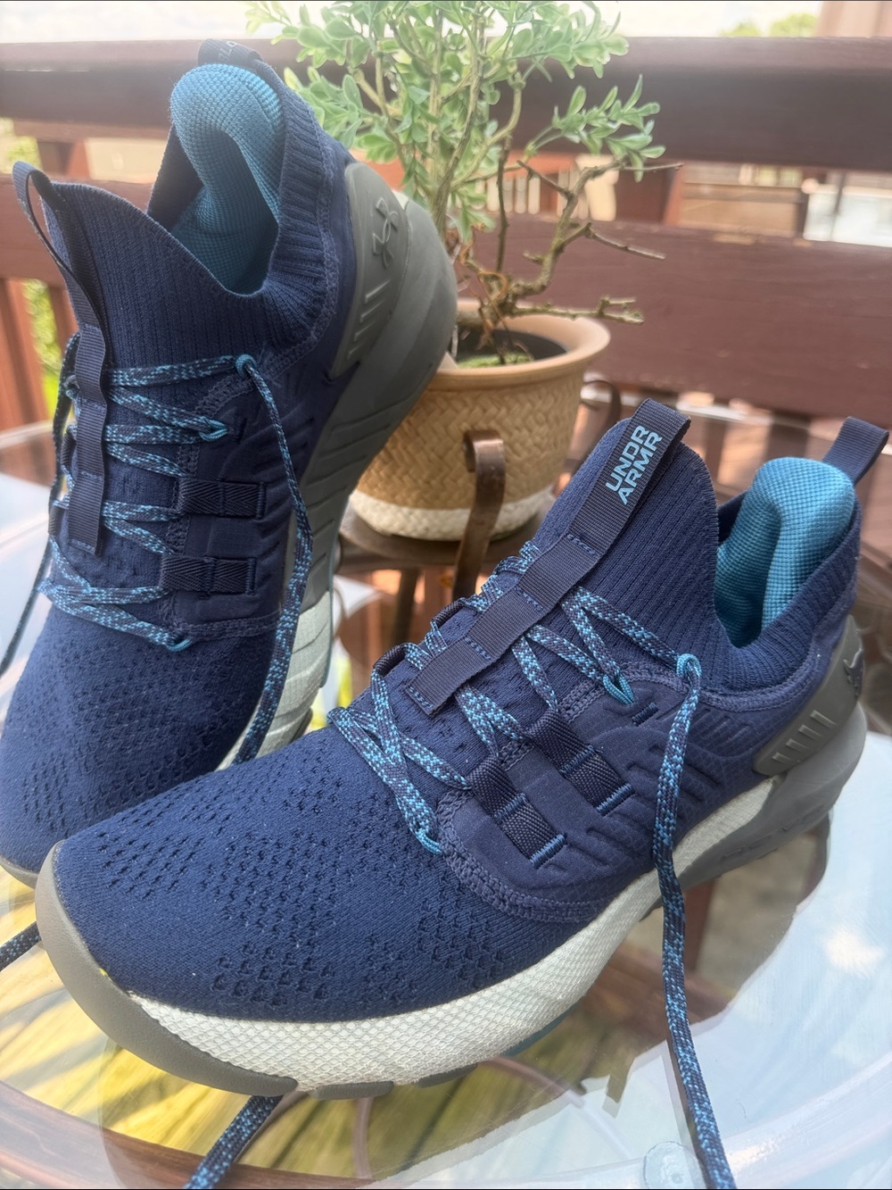 Under Armour Navy and Light Blue Knit Training Sneakers. Excellent condition!